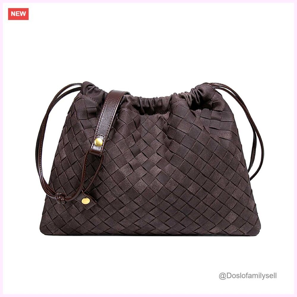 Suede Woven Hobo Tote Bag Slouchy Underarm Shoulder Leather Drawstring Crossbody